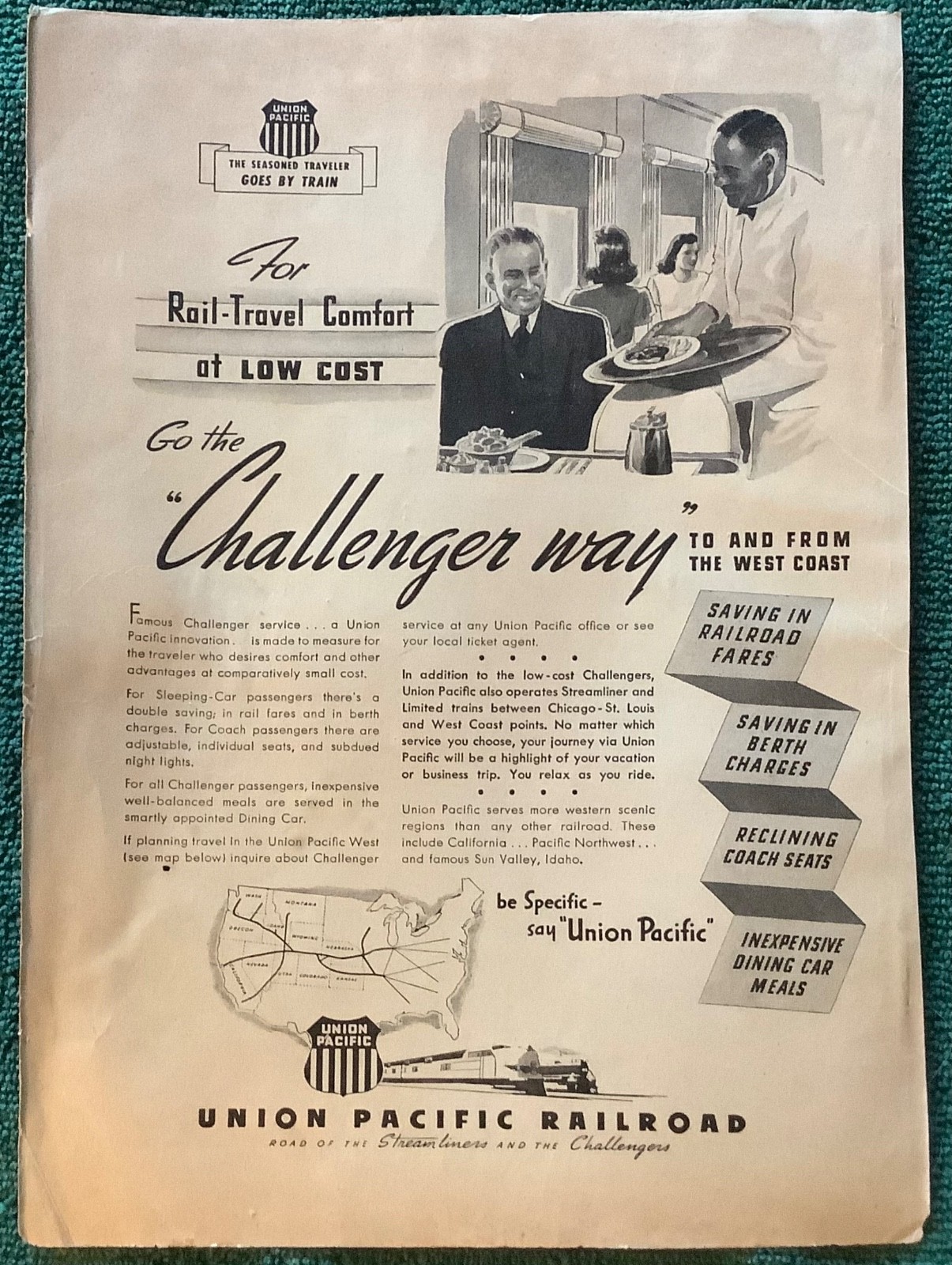 Vintage 1946 Union Pacific Railroad Challenger Way Print Ad Train Advertising