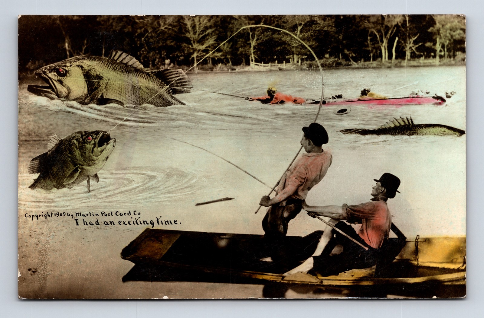 1910 W H MARTIN RPPC Exiting Time Fishing Giant Exaggerated Tall Tale Postcard
