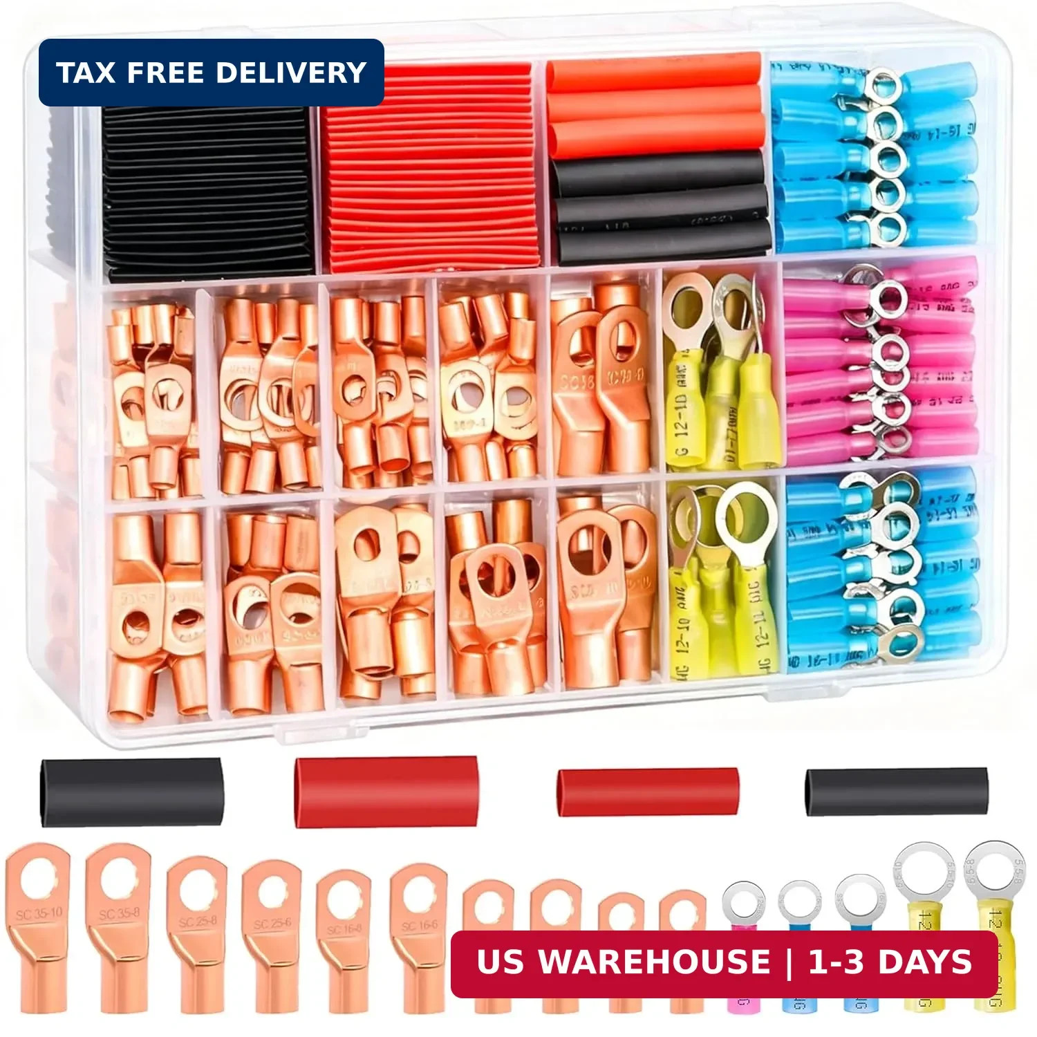/180PCS Battery Cable Ends AWG 2 4 6 8 10 12 14 16 Gauge Copper Cable Wire Lugs,