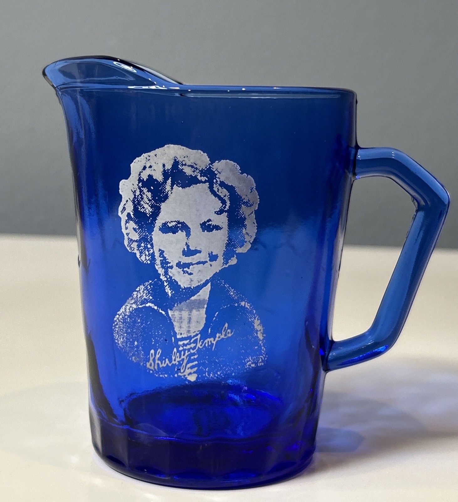 Vintage Shirley Temple Cobalt Blue Glass Cream Pitcher 4.25”, 1930's Vintage Shirley Temple Cobalt Blue Glass Cream Pitcher 4.25”, 1930's