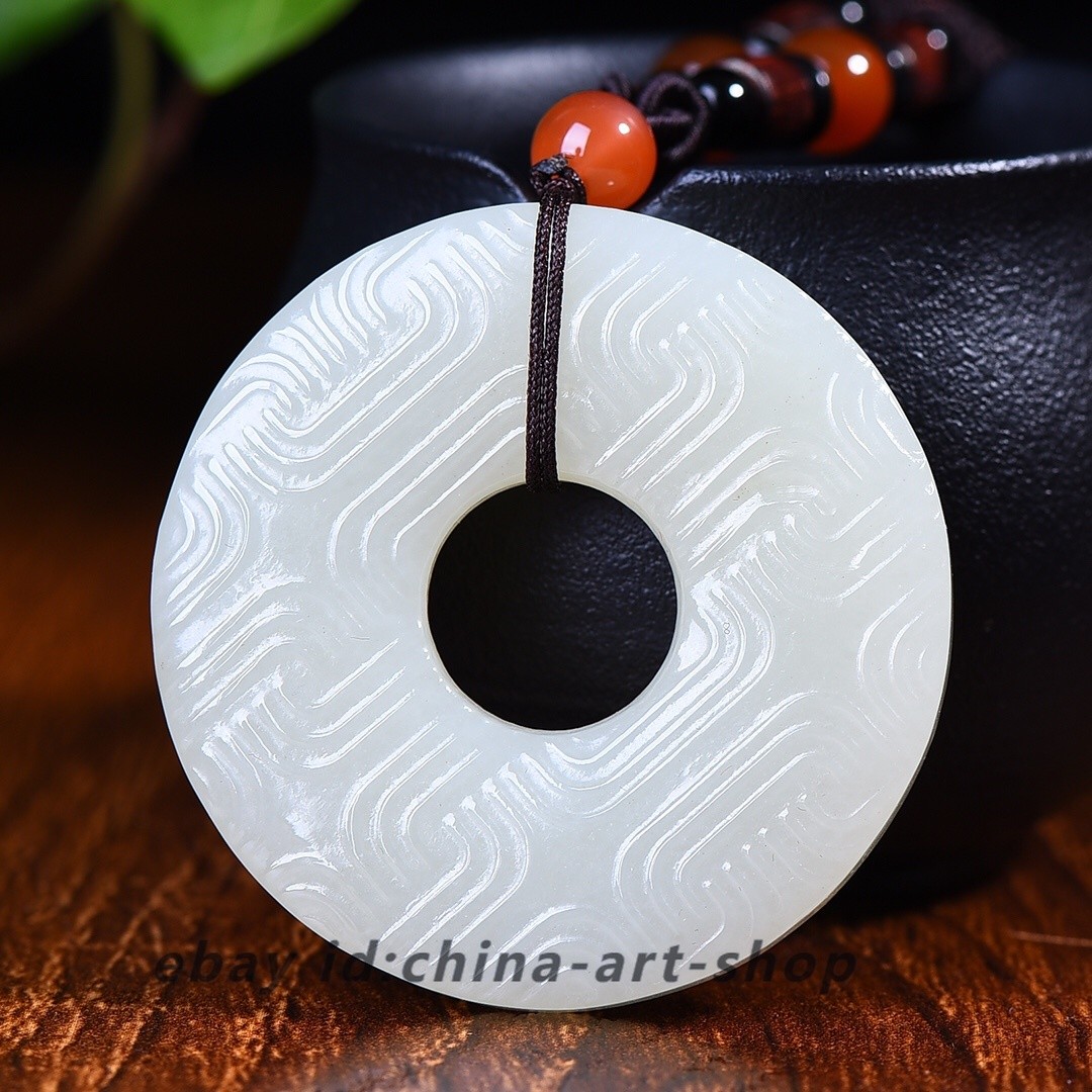 Natural Hetian White Jade Swirl Pattern Jade Ring Lucky Talisman Pendant G378