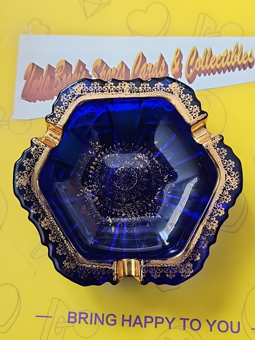 Early 1900\'s Cobalt Blue with Gold Embellishments Hand Blown Ashtray