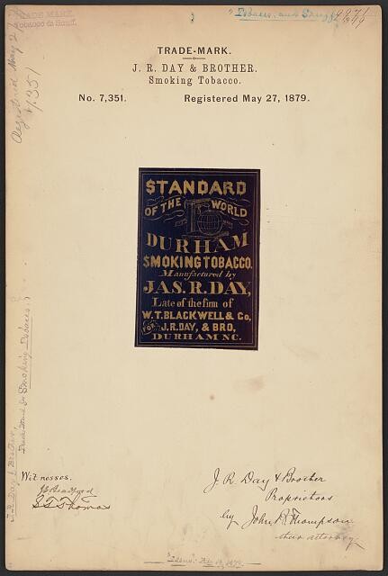 Photo:Durham NC 1879 J.R. Day Brother Smoking Tobacco Trademark Label