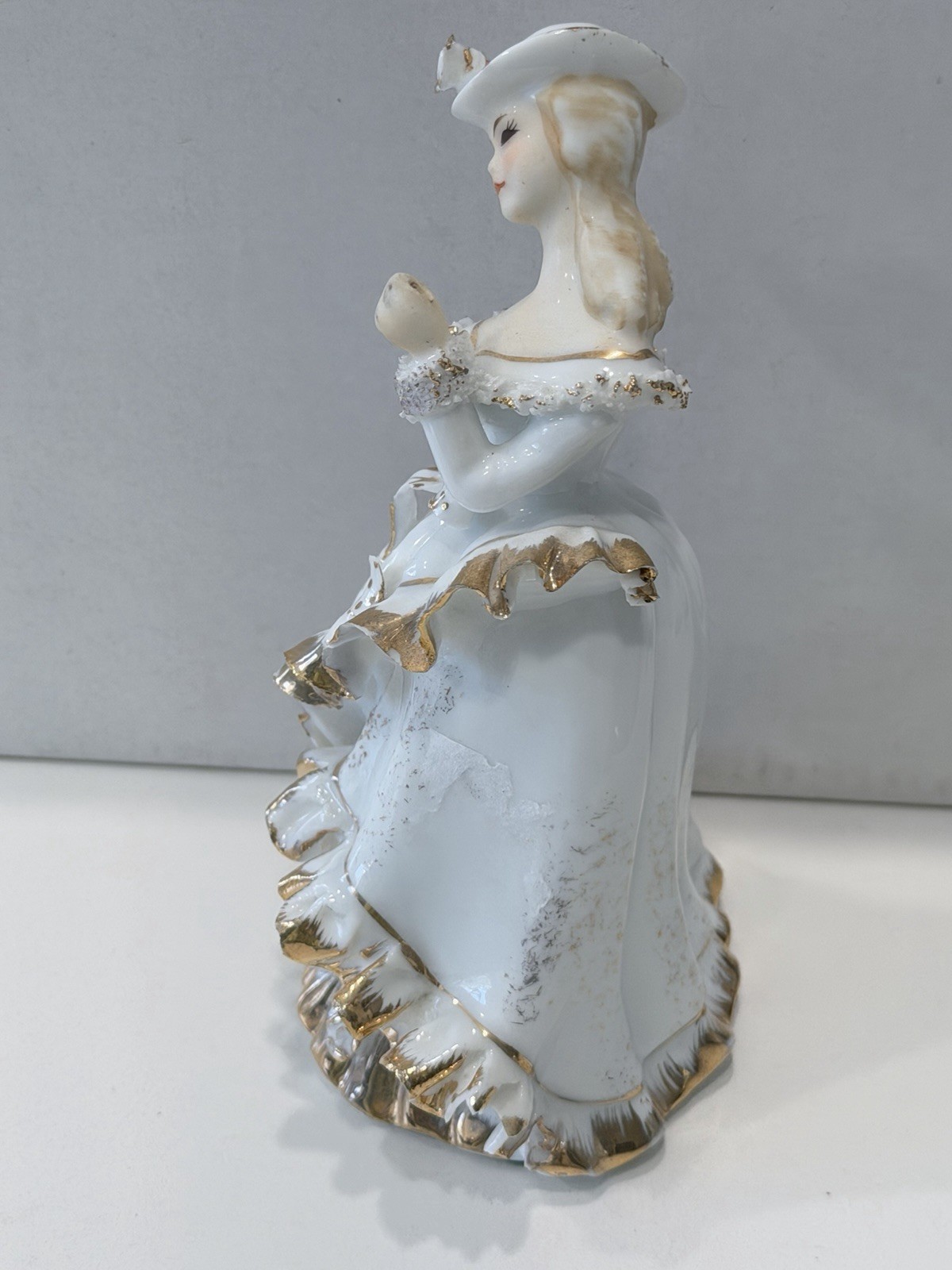 Vintage Lefton China Lady Figurine KW10566A White Gold Victorian Hand Painted