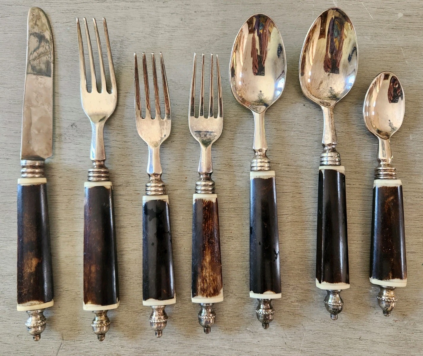 RARE Antique Horn Handle Flatware Set 7pc Forks Spoons Knife Silverplate? c1900