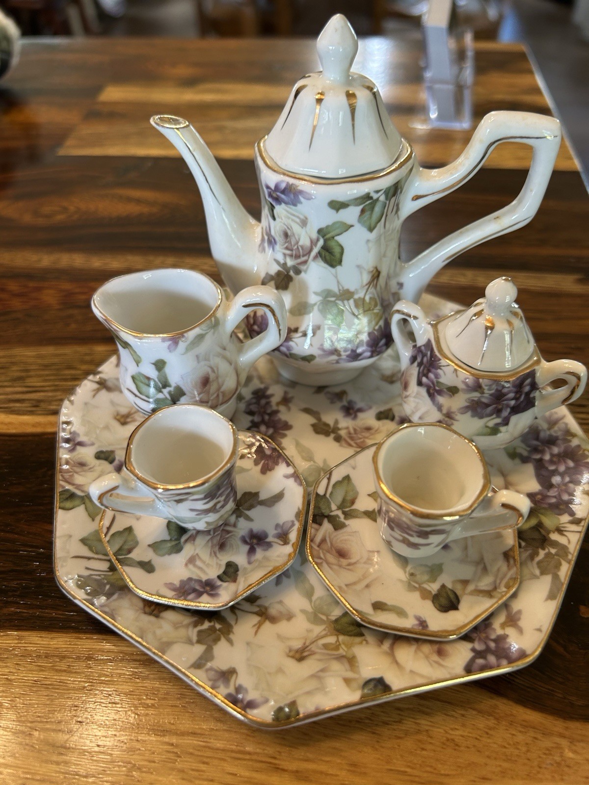 Mini  Porcelain Floral Tea Set, Teapot, Octagonal Tray, Sugar, Creamer, 3 Cups