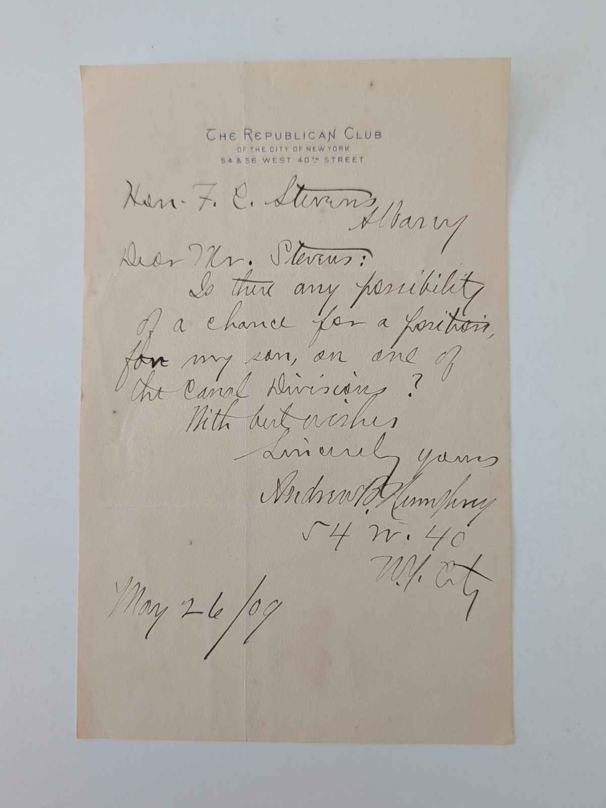 1906 Republican Club NYC Letter Asks Canal Division Job for Son Andrew Humphrey 