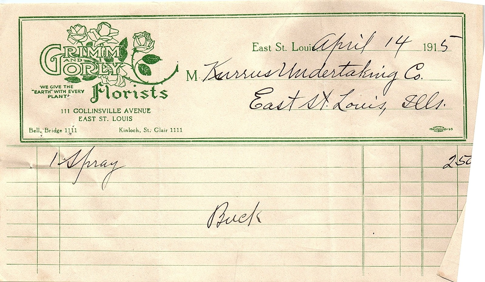 1915 GRIMM & GORLY FLORISTS Billhead - East St. Louis IL