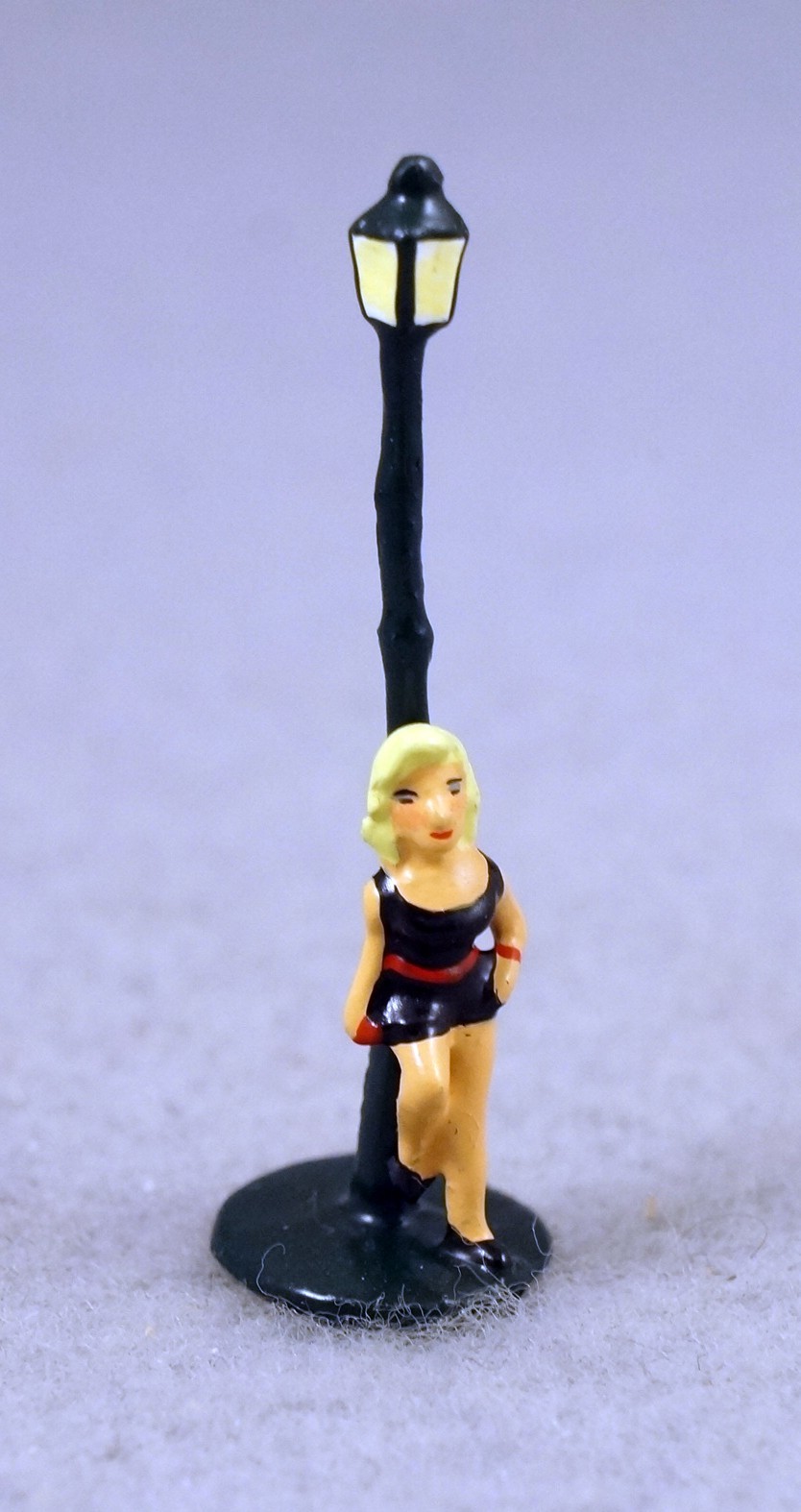 J Carlton by Gault French Miniature Figurine Woman at Paris Street Lamp Post