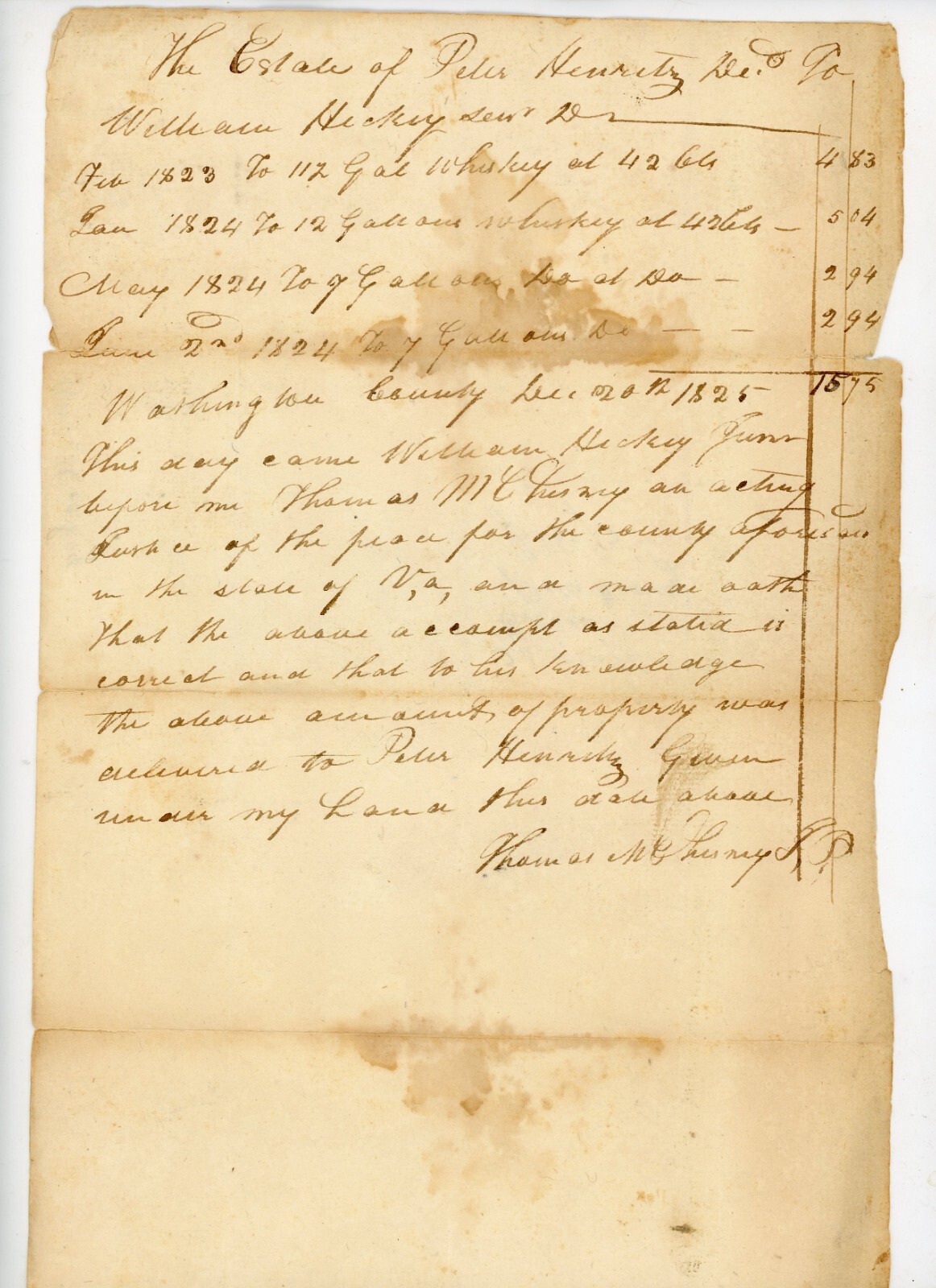 Thomas M Chesney Washington CO PA Estate Peter Henritz 1825 Handwritten Signed