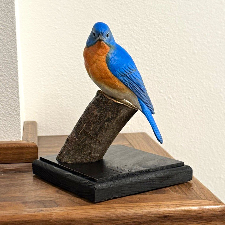 Bluebird Bird Figurine Painted Wood w/ Black Base, Blue/Orange, 3D Effect