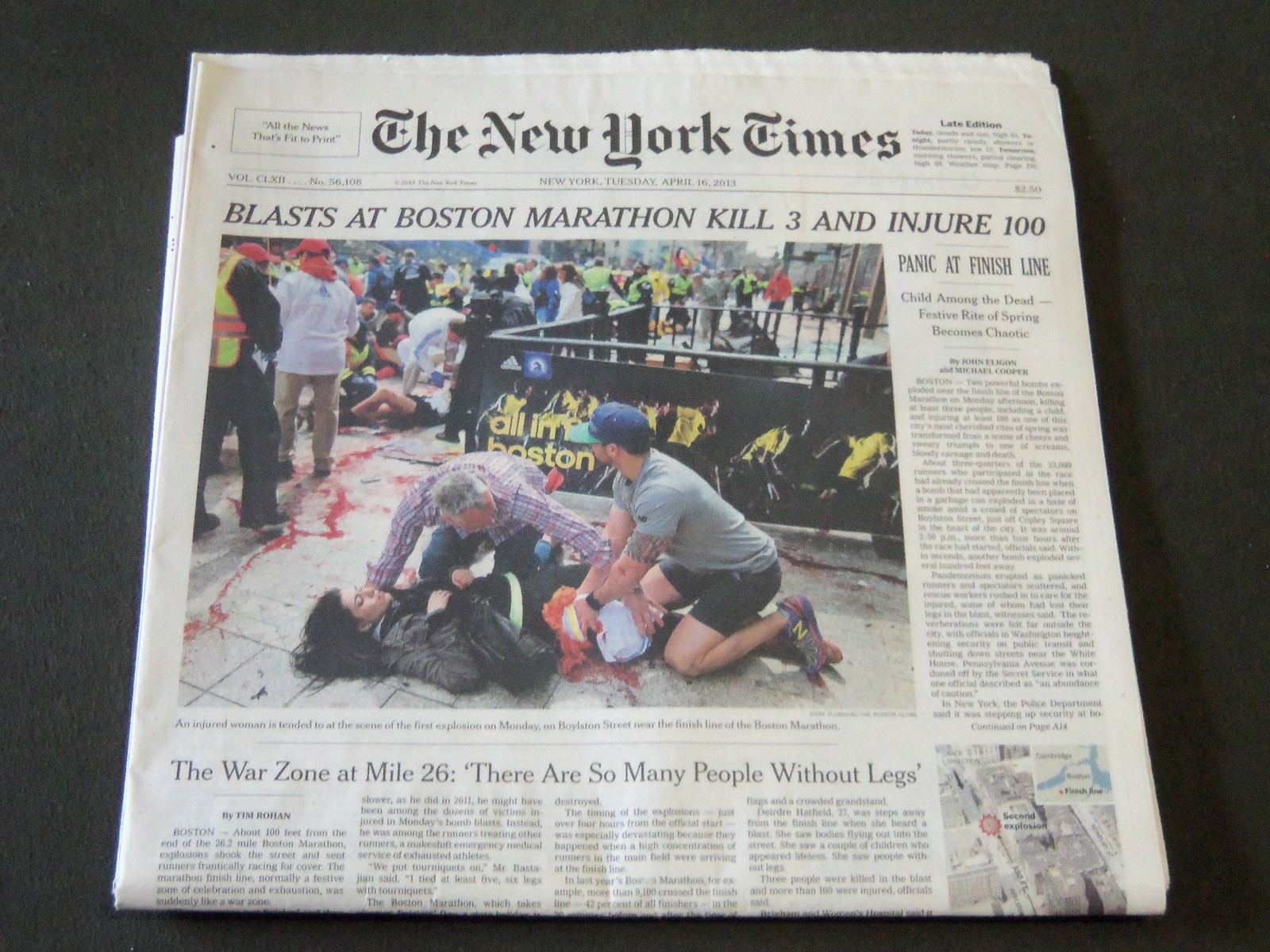 2013 APRIL 16 NEW YORK TIMES - BLASTS AT BOSTON MARATHON KILLS 3 - NP 2559