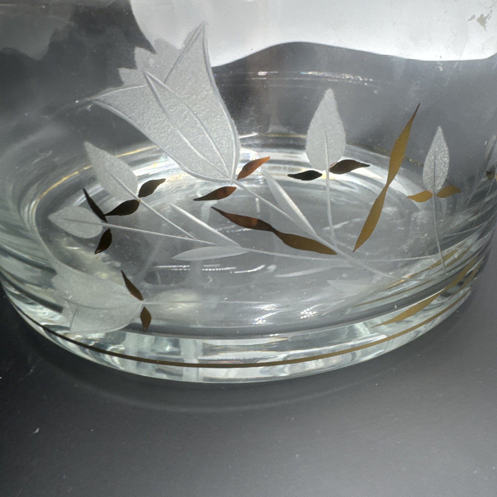 Vintage Shallow Cylinder Etched Glass Bowl Vase Flowers Gold Trim And Leaves