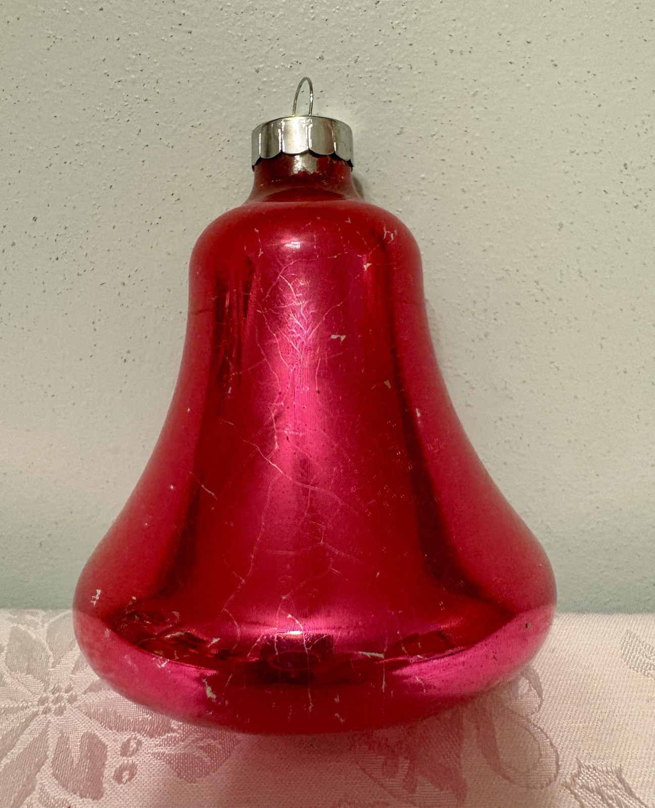 Vintage Glass Christmas Ornament Shiny Brite XL 6” Bell RARE RED