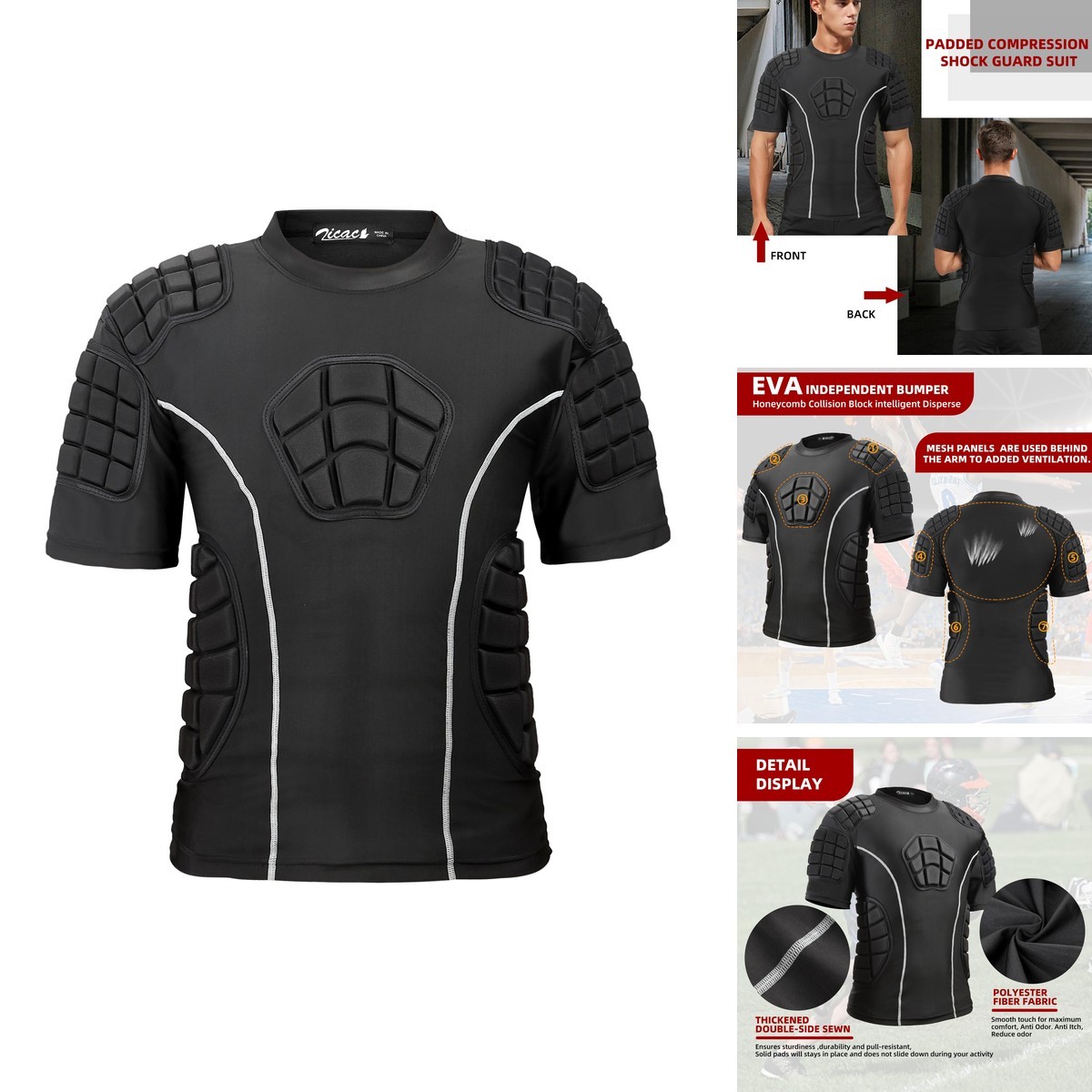 Zicac Padded Compression Shirt 7-Pads Rib Protectors Black Grey XX-Large Zicac Padded Compression Shirt 7-Pads Rib Protectors Black Grey XX-Large