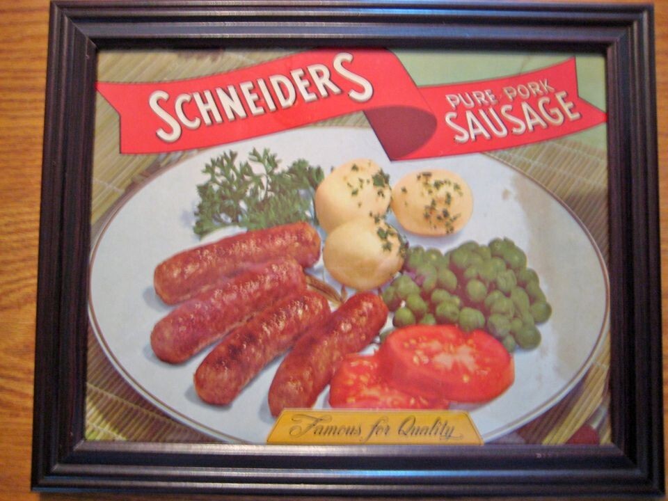 RARE ORIGINAL 1940\'S FRAMED SCHNEIDER\'S PORK SAUSAGE ADVERTISEMENT