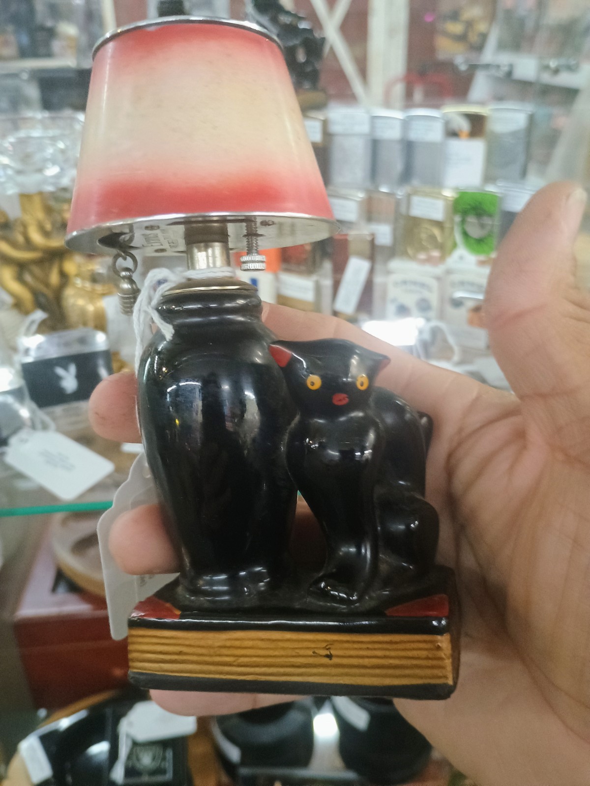 Vintage 1940\'s To 1950\'s Evanus Black Cat Table Lighter Enamel Lamp Shade 