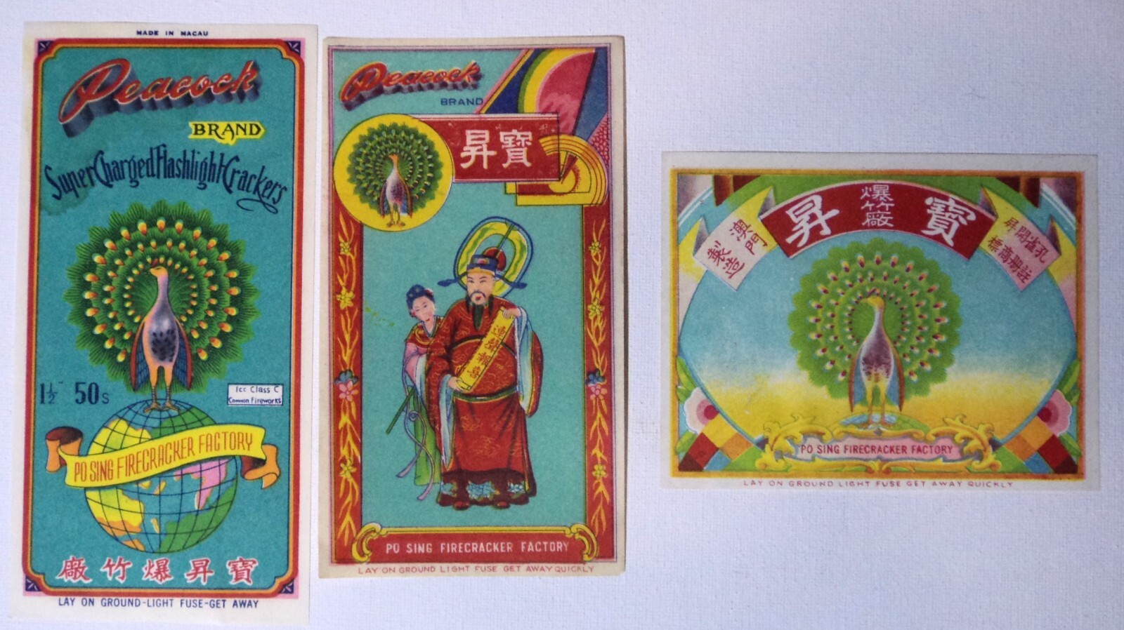 LOT of 3 Vintage PEACOCK Brand FIRECRACKER Pack Labels ORIGINAL MINT RARE