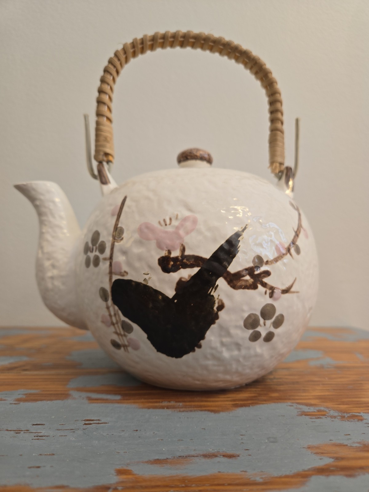 Vintage Made in Japan Teapot MCM Floral Rattan Handle Asian