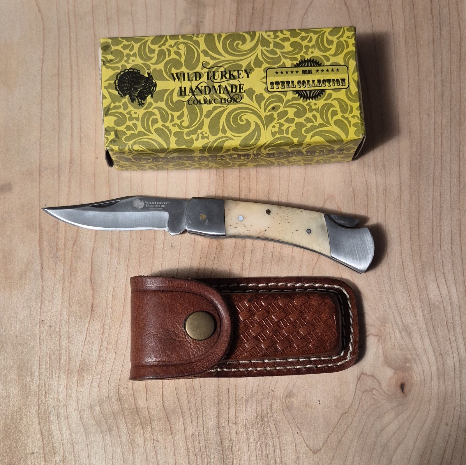 Wild Turkey Handmade Bone Handle Steel Clip Point w/ Box&sheath