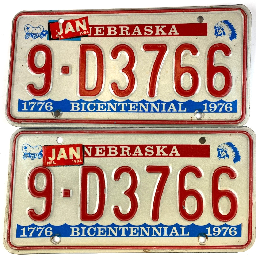 Vintage Nebraska 1976 1984 Auto License Plate Set Pair 9-E3744 Buffalo Co Decor