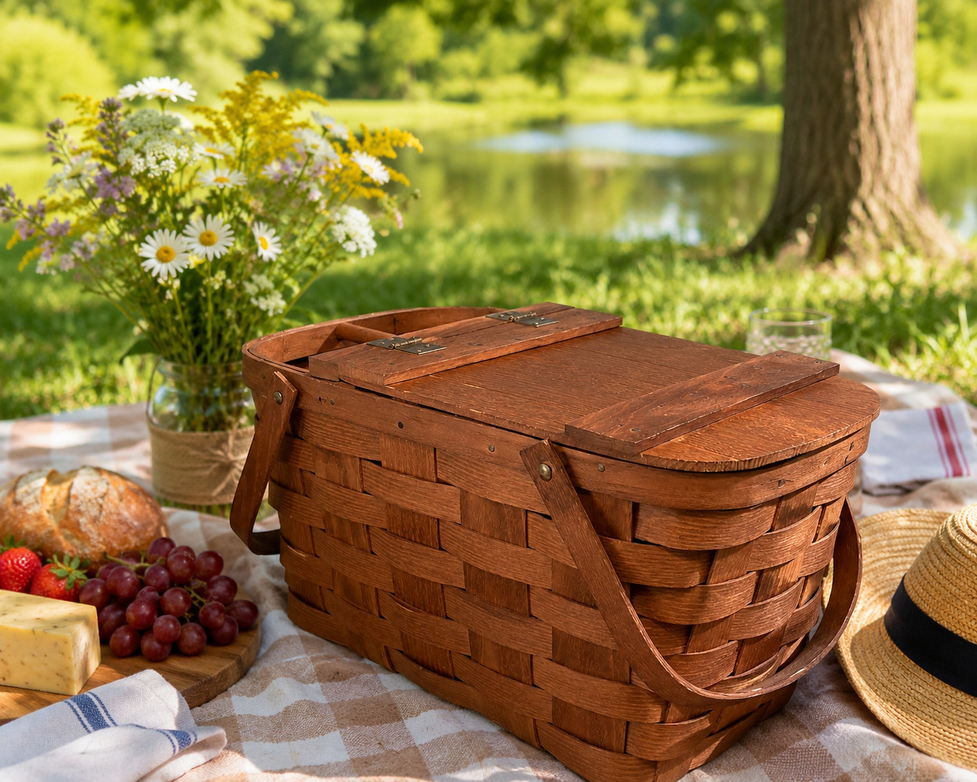 Vintage Basketville Putney Vermont Handmade Wood Picnic Basket with Handles MCM