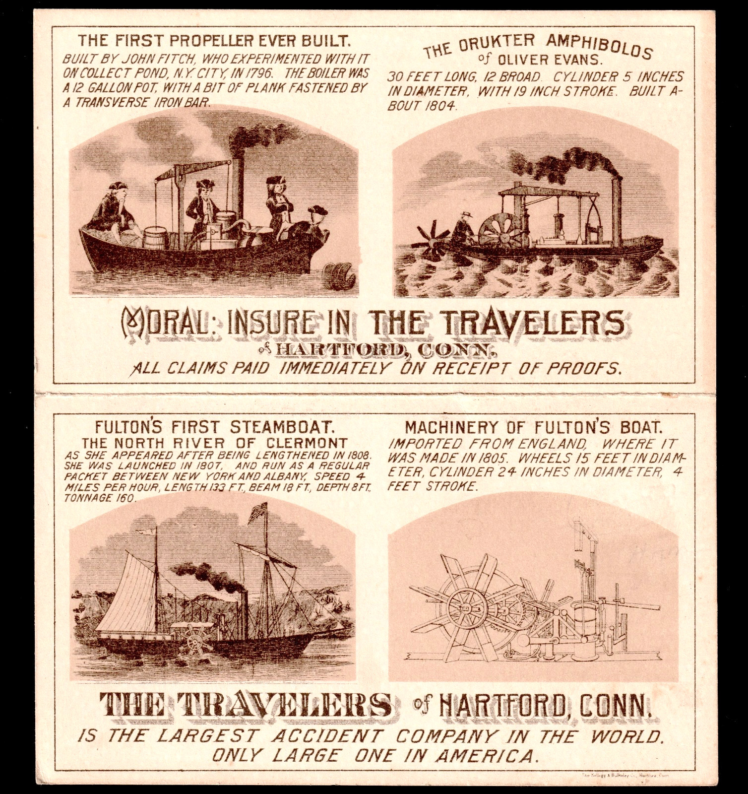 Travelers Insurance Hartford 1891 Calendar Fulton Steamboat Ship Trade Card j.US