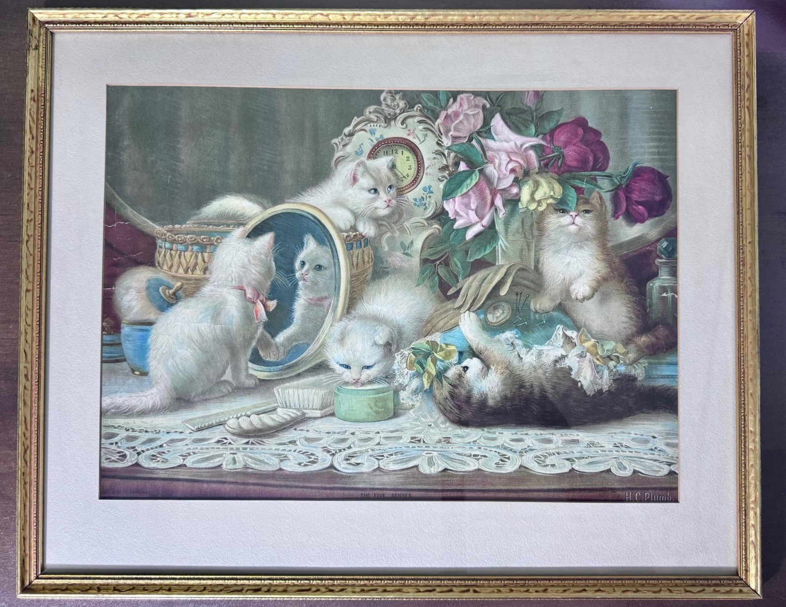 Antique 1907 Chromolithograph “The Five Senses” H.C. Plumb — Original Frame-CATS
