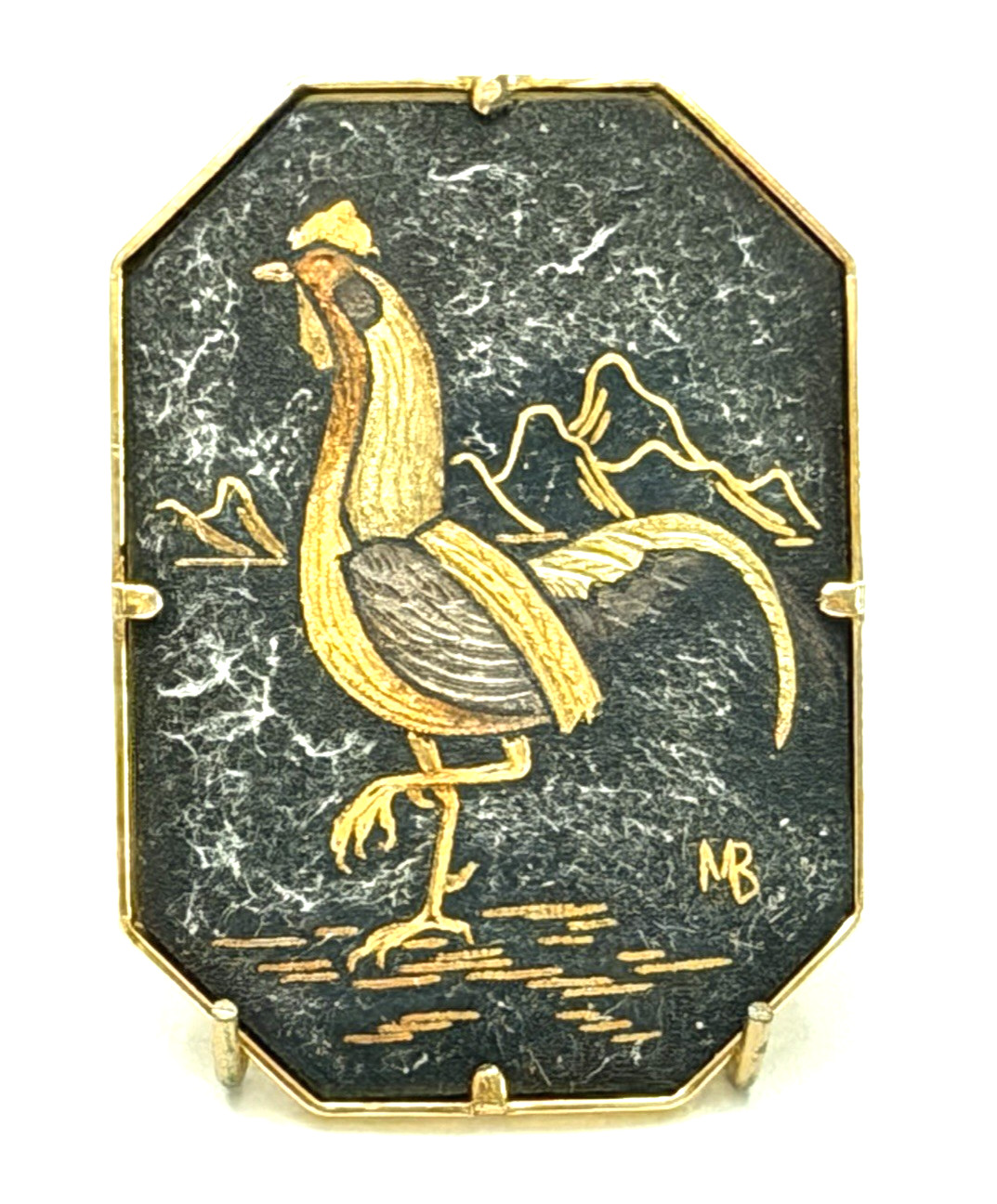 Vintage Etched ROOSTER Signed Studio Button - 1-1/2