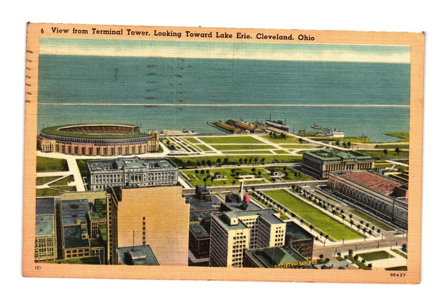 Vintage 1942 Cleveland OH Aerial View Municipal Stadium Lake Erie Linen Postcard Vintage 1942 Cleveland OH Aerial View Municipal Stadium Lake Erie Linen Postcard