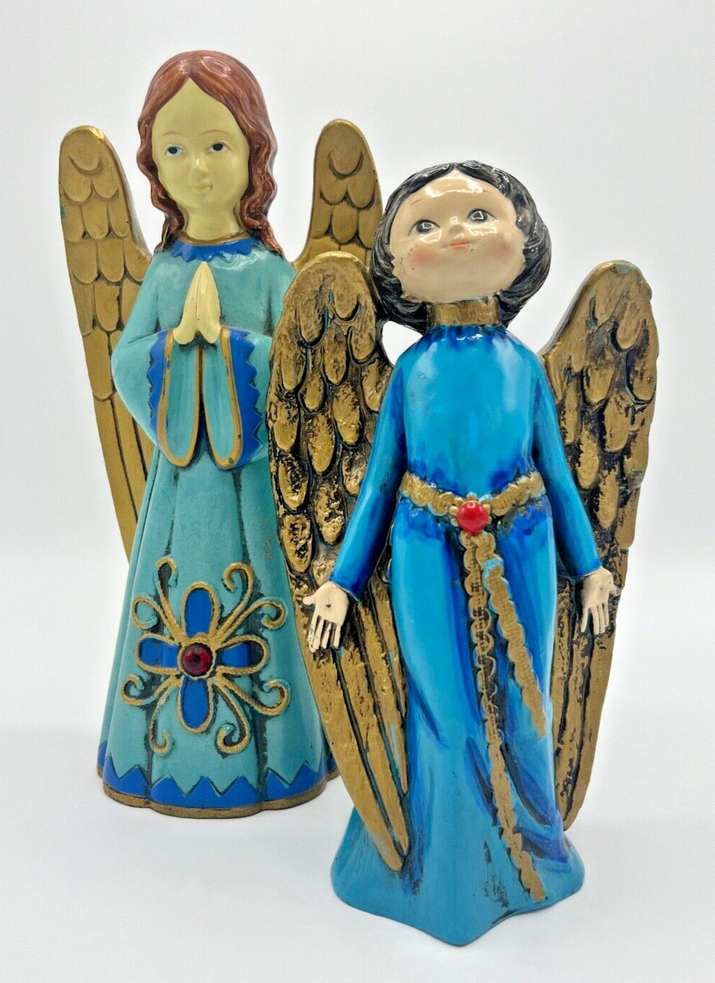 2 Larger Christmas Angels in Blue Gowns Composite Paper Mache, Vintage Holiday