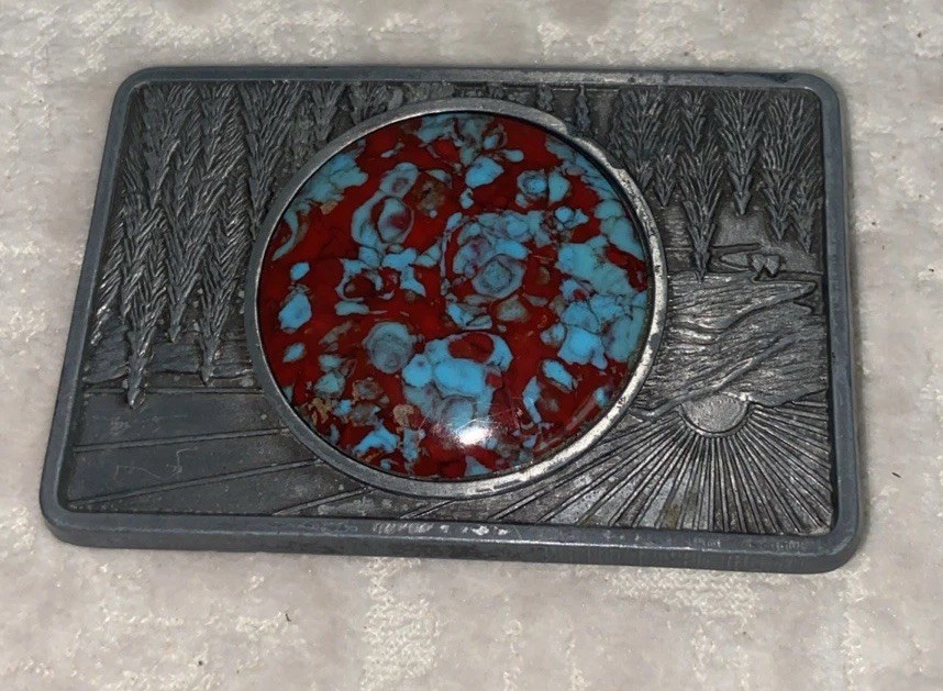 VTG Western Native American Style Belt Buckle Pewter Turquoise Enamel 3”x 2” VGC
