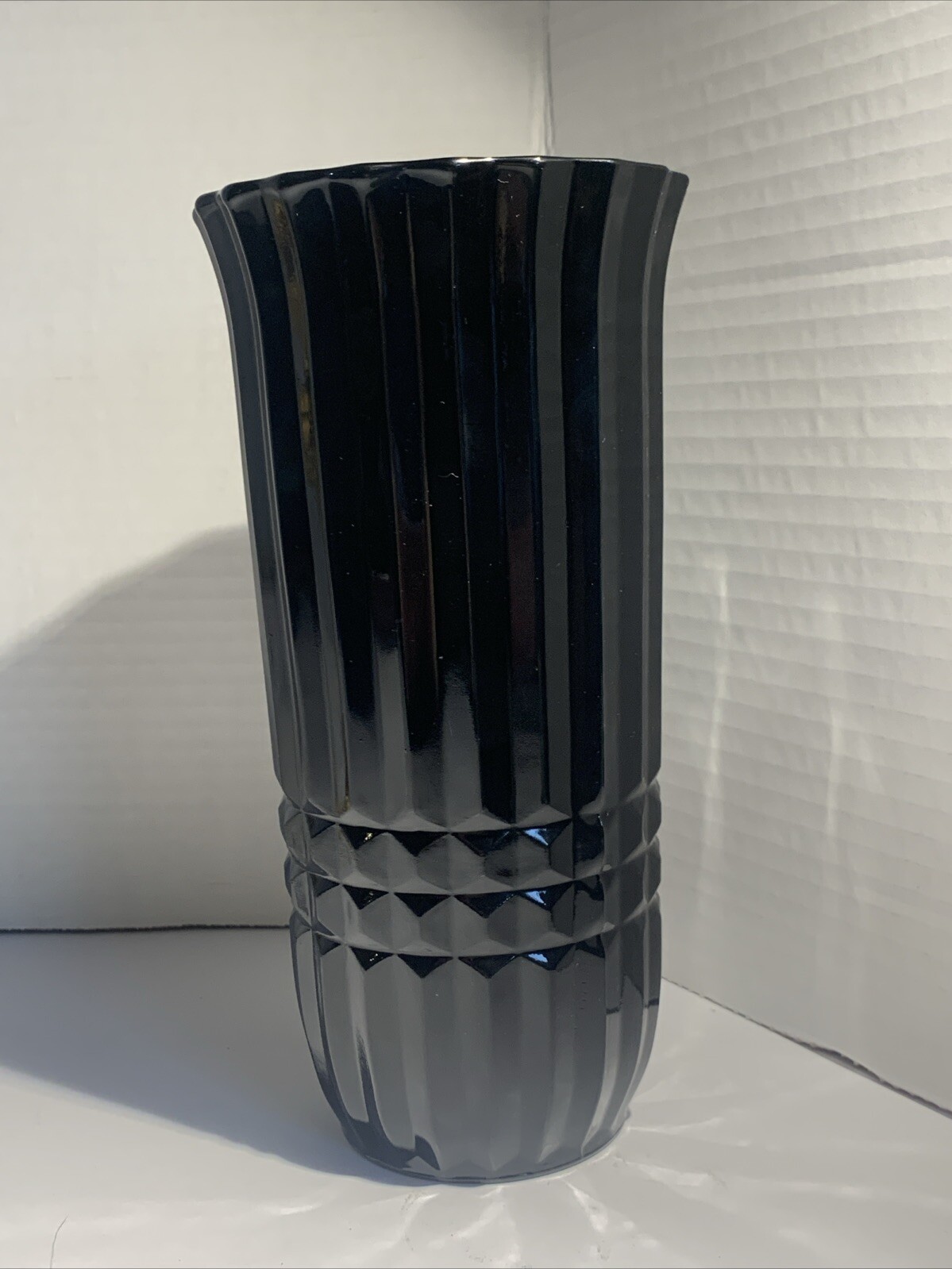 Vtg Deco Revival Black Amethyst Glass Vase Fluted+Diamonds 8” FTD USA~Gift