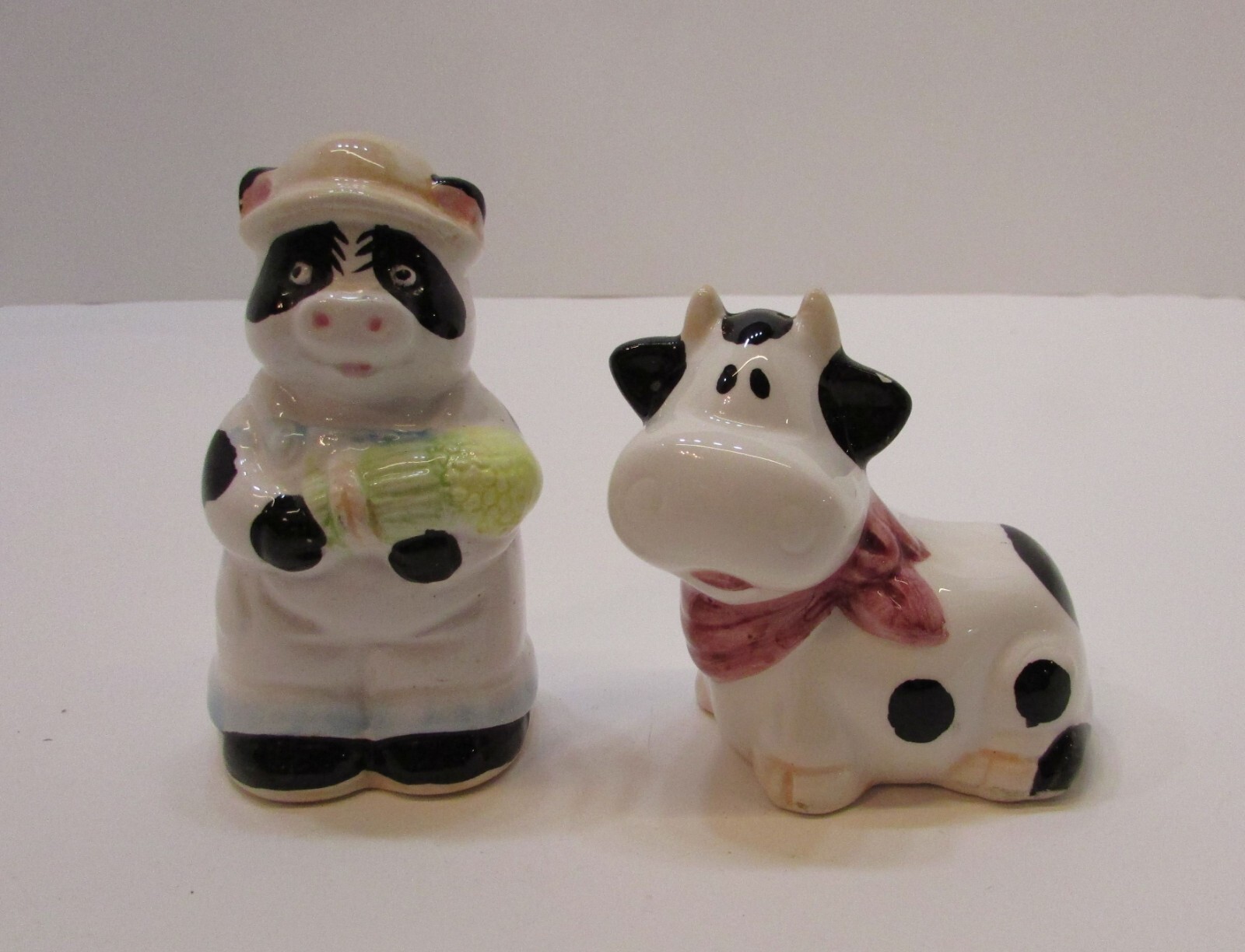 Vintage 1980\'s Hand Painted Porcelain Black White Funny Cow Salt Pepper Shakers