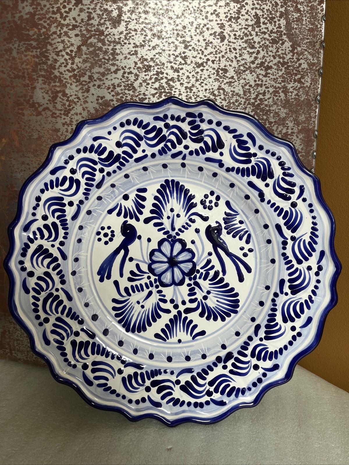 Vintage Talavera Pottery Plate Round Scalloped Blue Floral Puebla Mexico Signed