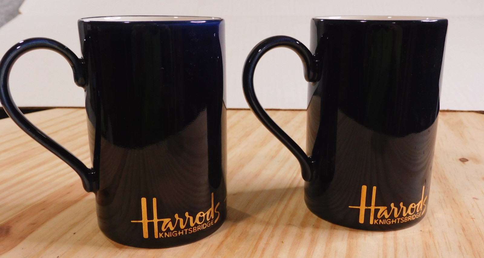 Vintage Rare Harrods Knightbridge Fine Stoneware Mugs (2) Navy Blue/Gold - New
