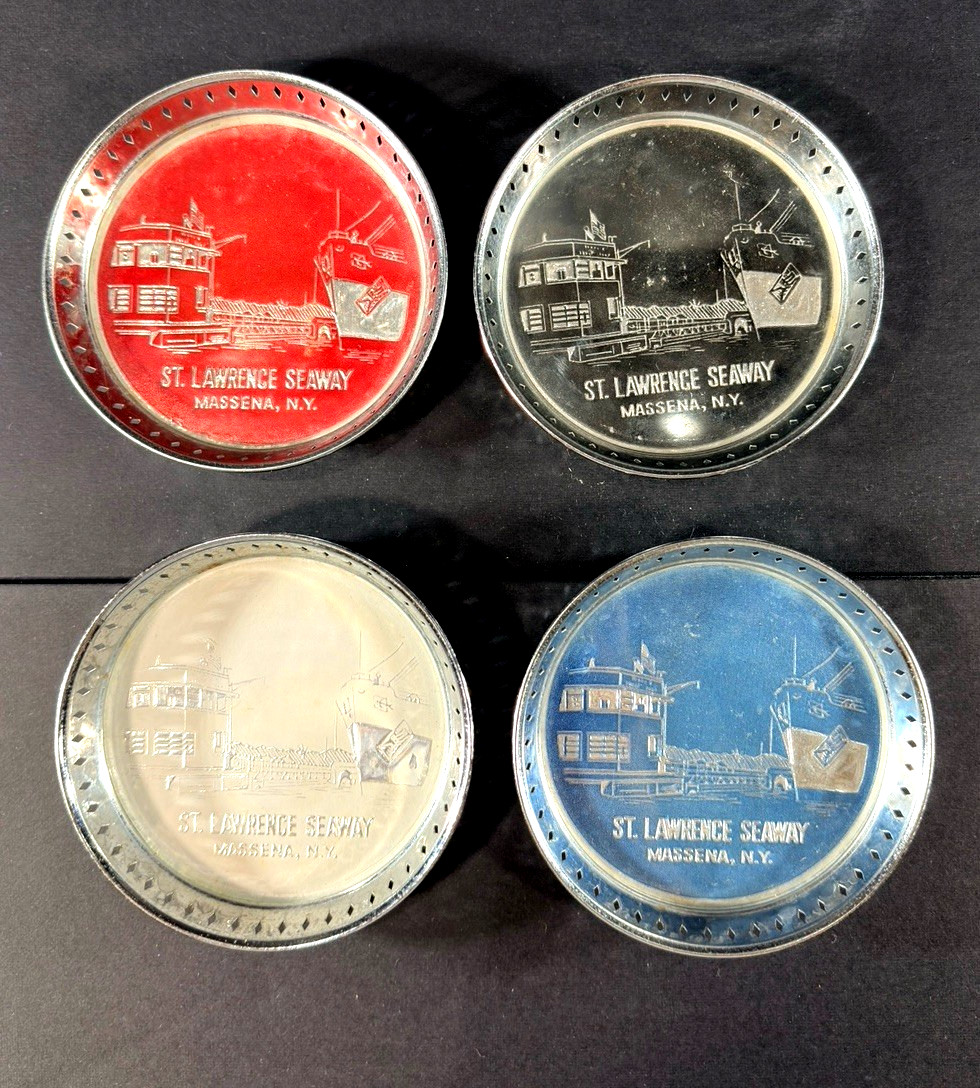 Vintage St Lawrence Seaway Massena NY Metal Glass Coaster Set of 4 Souvenir