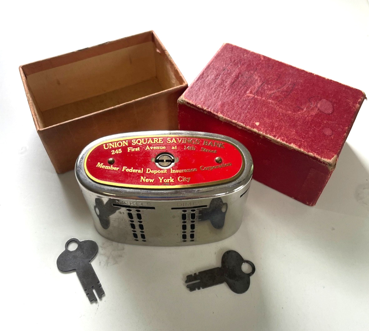 Vintage Union Square New York Savings Bank Coin/Teller Bank with Keys and Box