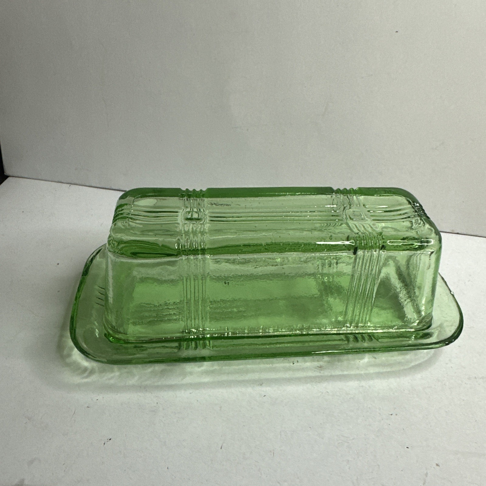 VTG Hazel Atlas Green Depression Glass Butter Dish Crisscross Pattern MCM VTG Hazel Atlas Green Depression Glass Butter Dish Crisscross Pattern MCM