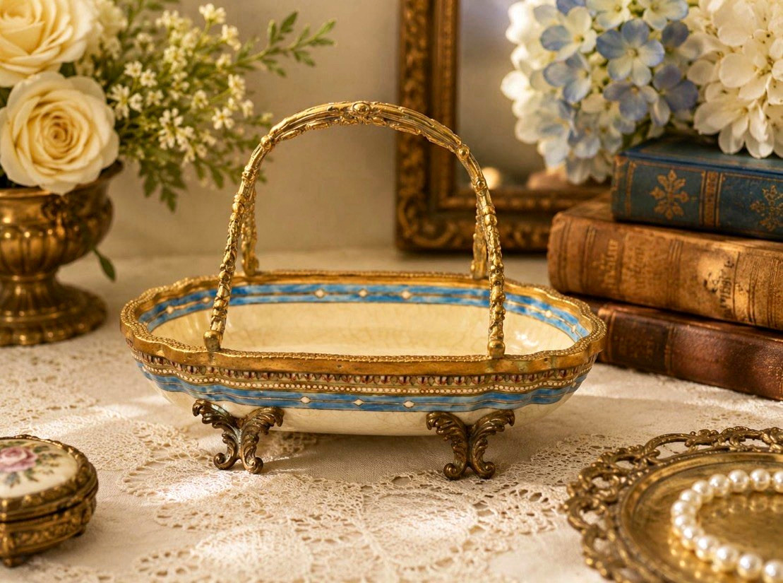 Vintage Hua Rong Tang Porcelain Basket Brass Footed Chinoiserie Decorative Dish