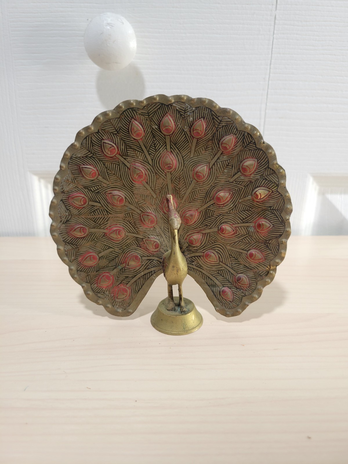 Vintage Indian Etched & Painted Ornate Metalwork Brass Fan-Tail Peacock Figurine