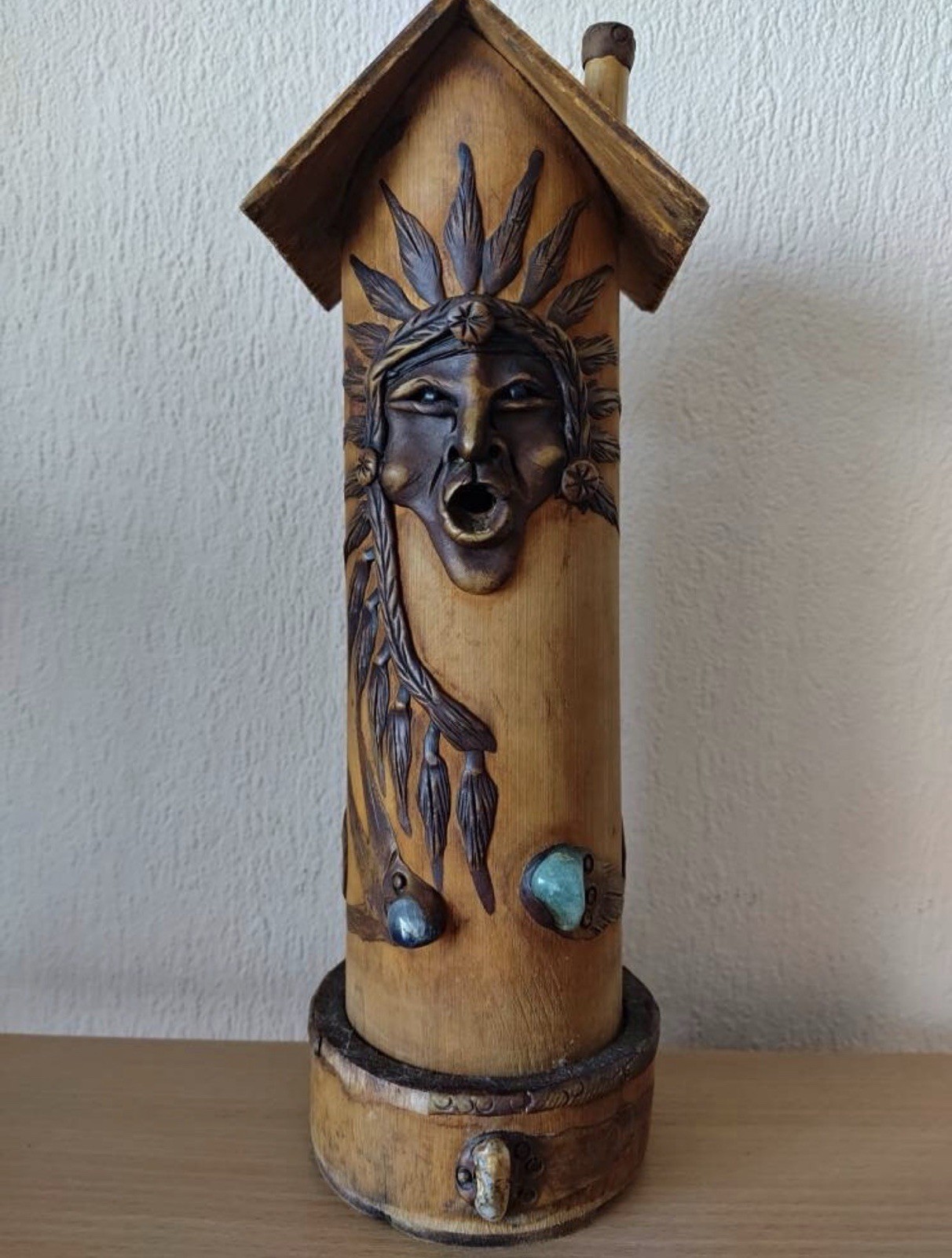 Vintage Incense Holder Handmade Wood With Crystals Sun Moon