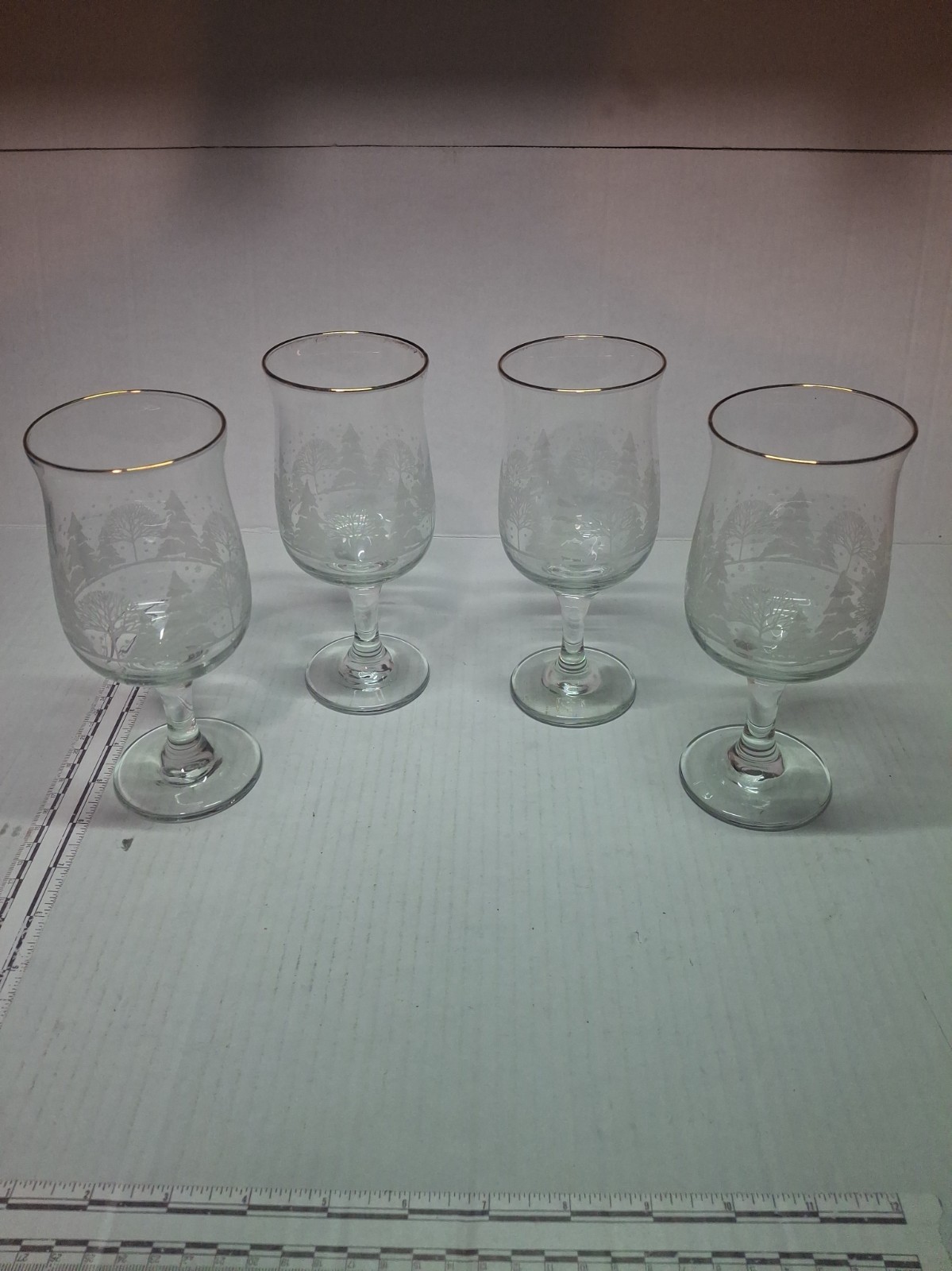 Vtg Arbys Frosted Winter Pine Tree Wine Goblets Glasses Christmas Libbey Set 4