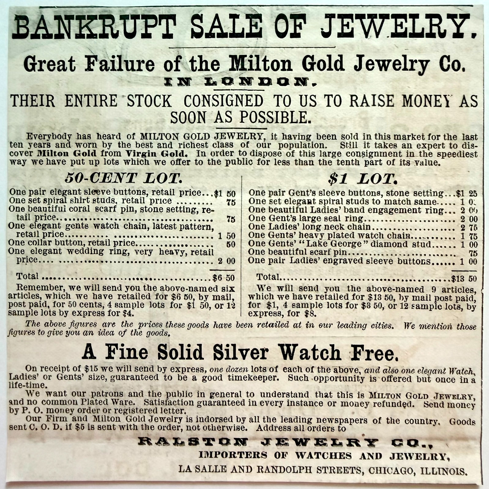 1877 Milton Gold Jewelry Bankruptcy Sale Advertisement Victorian Ralston Chicago