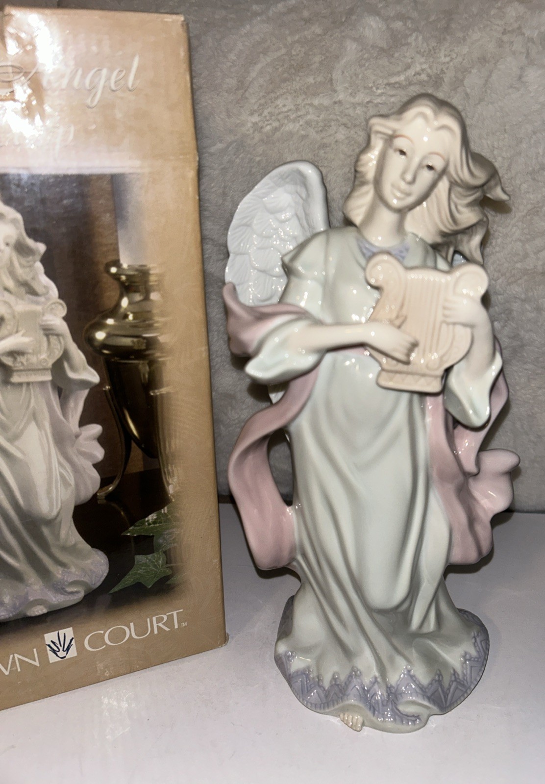 Crown Court Porcelain  Angel with Harp - 9 1/2” High NIB