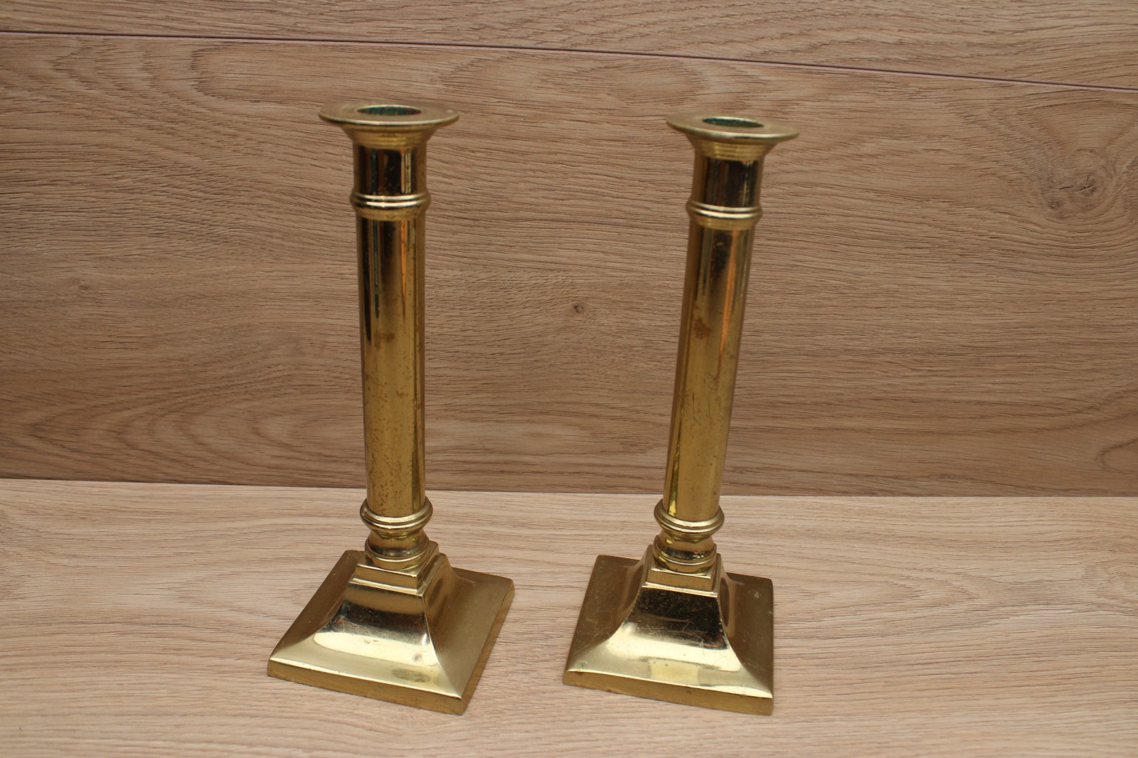 Virginia Metalcrafters Solid Brass Tall Candlesticks Pair Square Base Vintage US