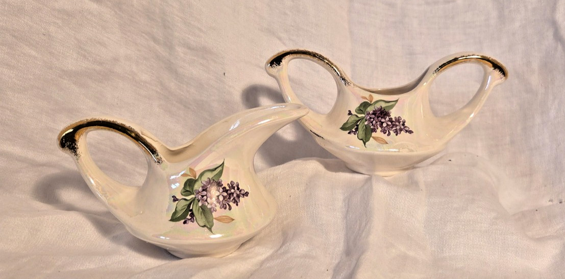 ART DECO STYLE FLORAL MOTIF PORCELAIN LUSTER SUGAR AND CREAMER W/GOLD TRIM