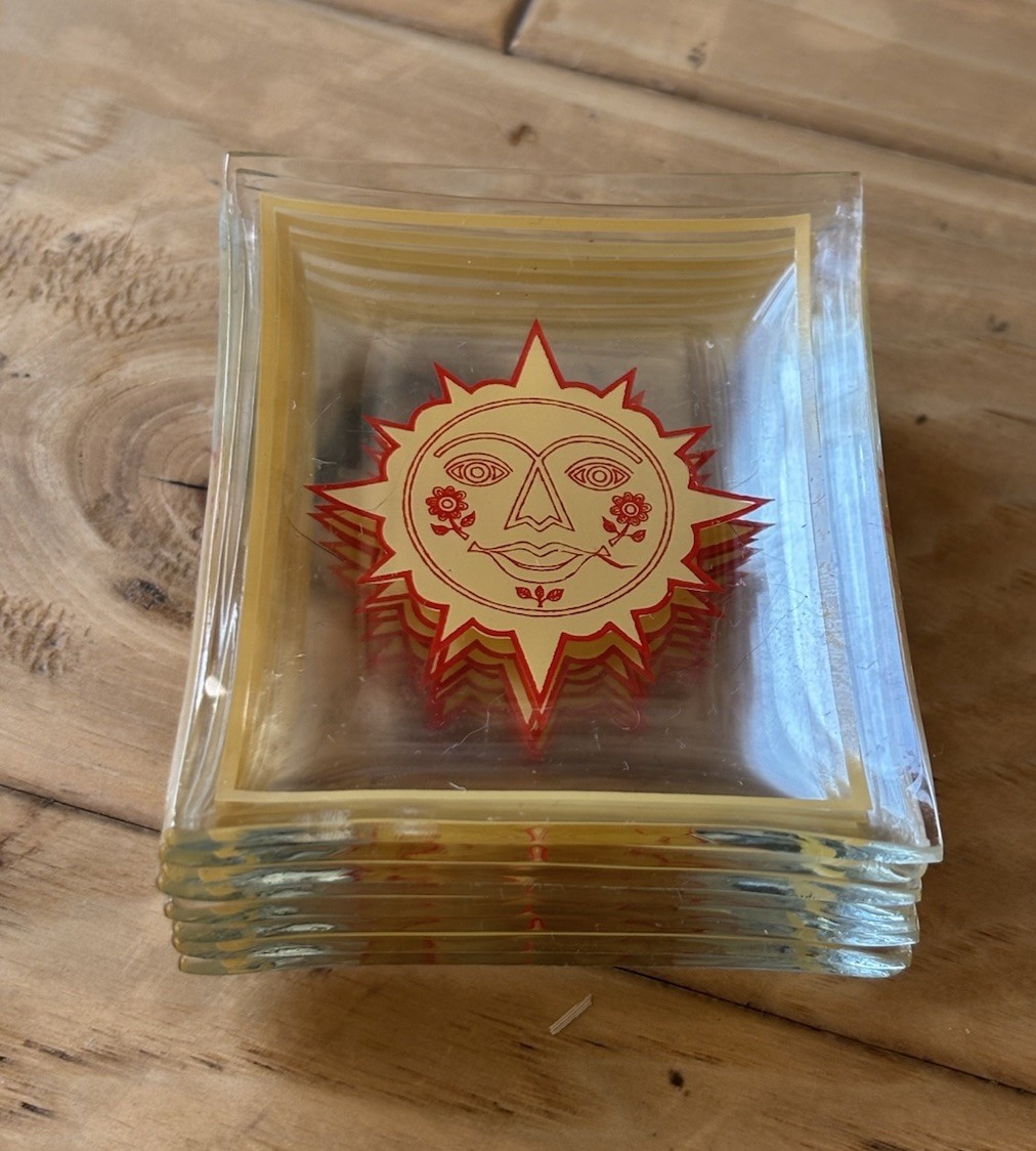 Vintage 1960s Orange Sunshine Glass Coasters / Trays - Set Of 8 Psychedelic Sun