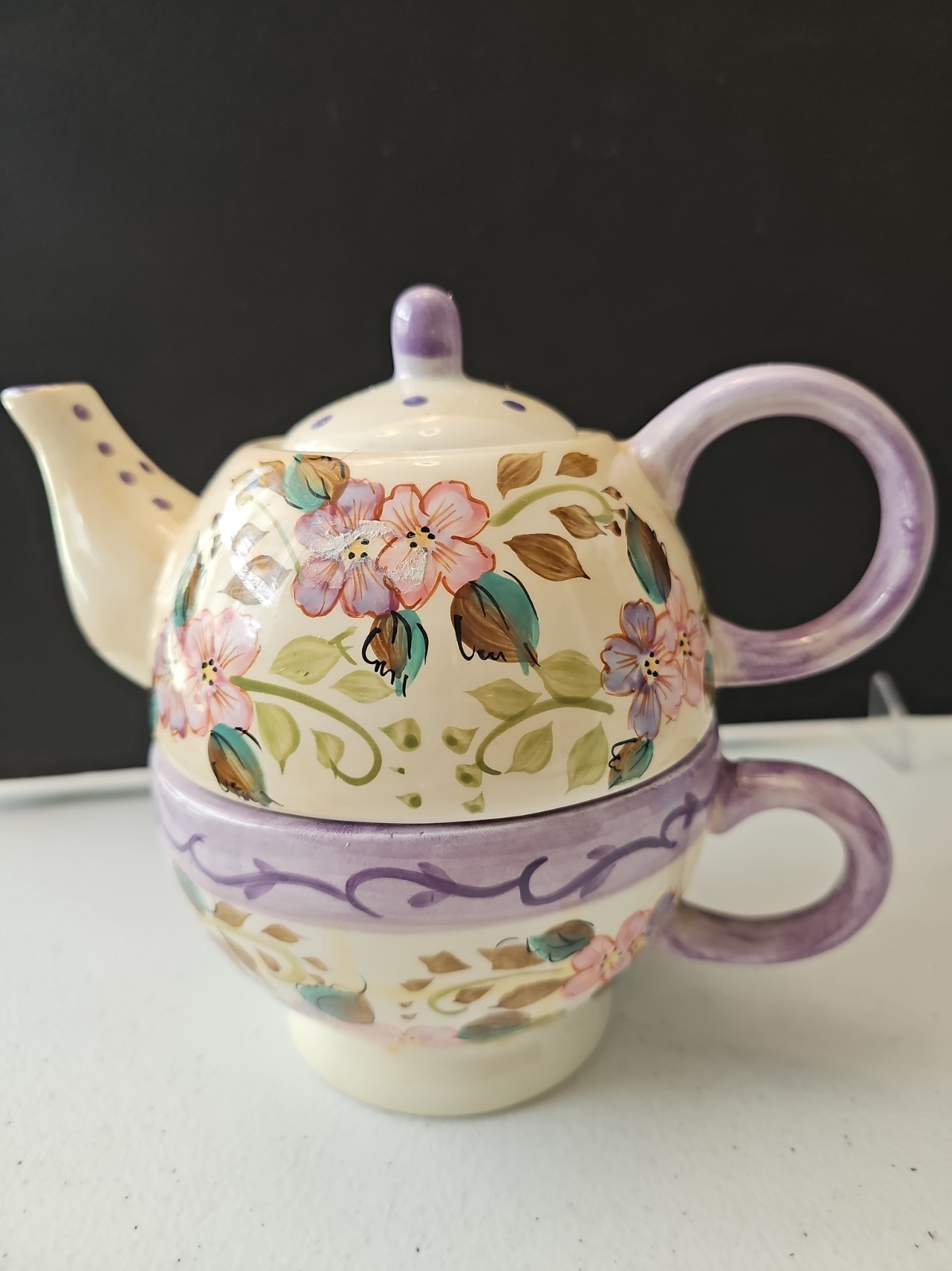 Tea For One Stackable FLORAL Teapot and Cup 3 Piece Set 