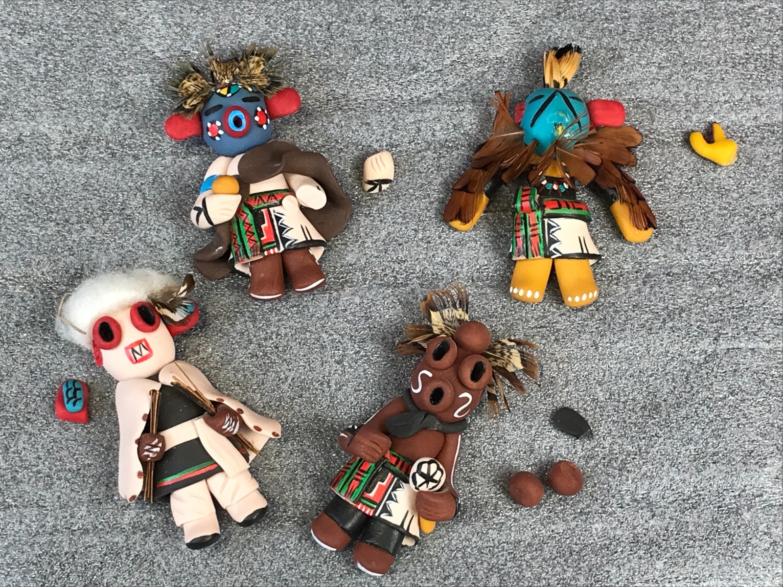 4 JEMEZ Clay Kachina Hopi EAGLE AHOTE MUDHEAD Ornaments Signed Elsie '95 AS-IS